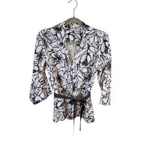 Tweeds Linen Blouse Top White Black Floral Coastal Preppy Women's Size Large